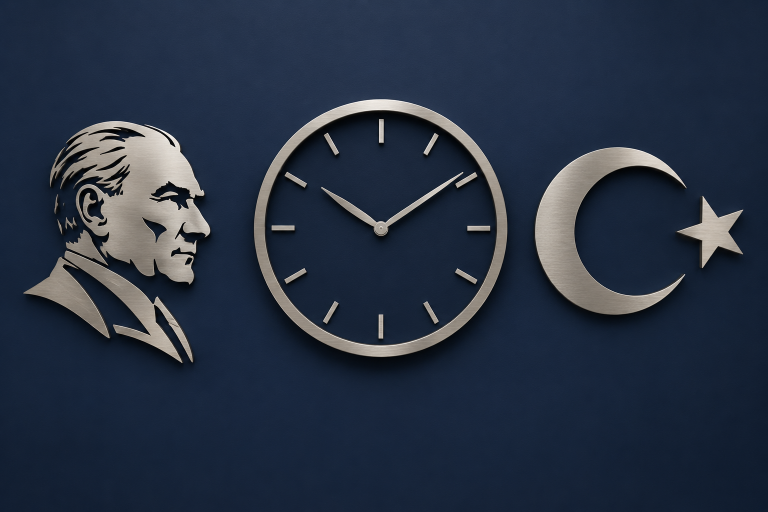 Solda Atatürk silüeti, ortada canlı analog saat, sağda ay yıldız
